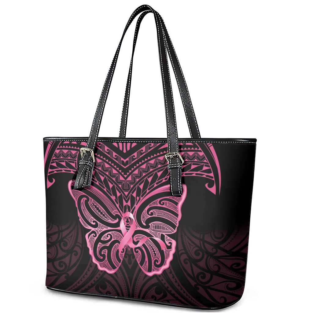 New Zealand Breast Cancer Awareness Leather Tote Bag Maori Butterfly Pink Ribbon Black Version - Polynesian Pride