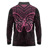 New Zealand Breast Cancer Awareness Long Sleeve Polo Shirt Maori Butterfly Pink Ribbon Black Version - Polynesian Pride