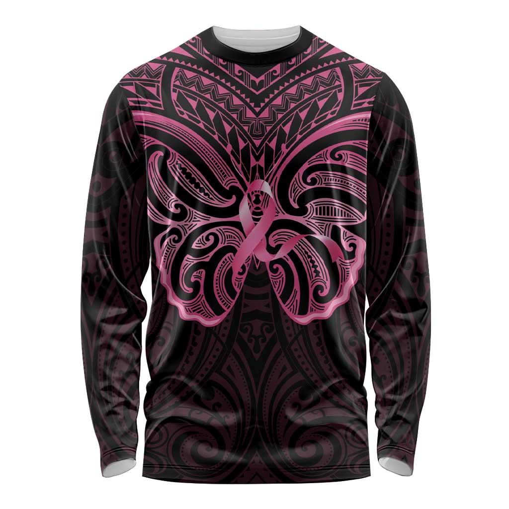 New Zealand Breast Cancer Awareness Long Sleeve Shirt Maori Butterfly Pink Ribbon Black Version - Polynesian Pride