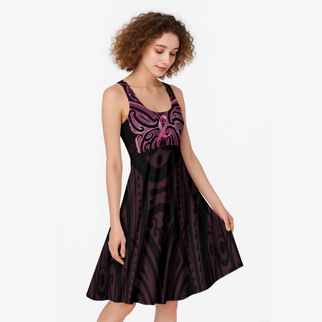 New Zealand Breast Cancer Awareness Midi Dress Maori Butterfly Pink Ribbon Black Version - Polynesian Pride