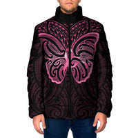 New Zealand Breast Cancer Awareness Padded Jacket Maori Butterfly Pink Ribbon Black Version - Polynesian Pride