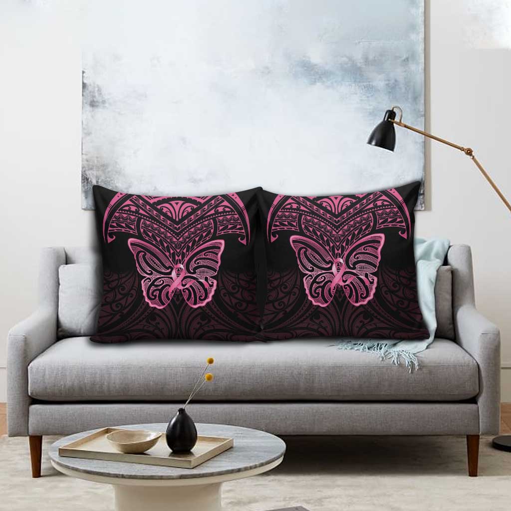New Zealand Breast Cancer Awareness Pillow Cover Maori Butterfly Pink Ribbon Black Version - Polynesian Pride