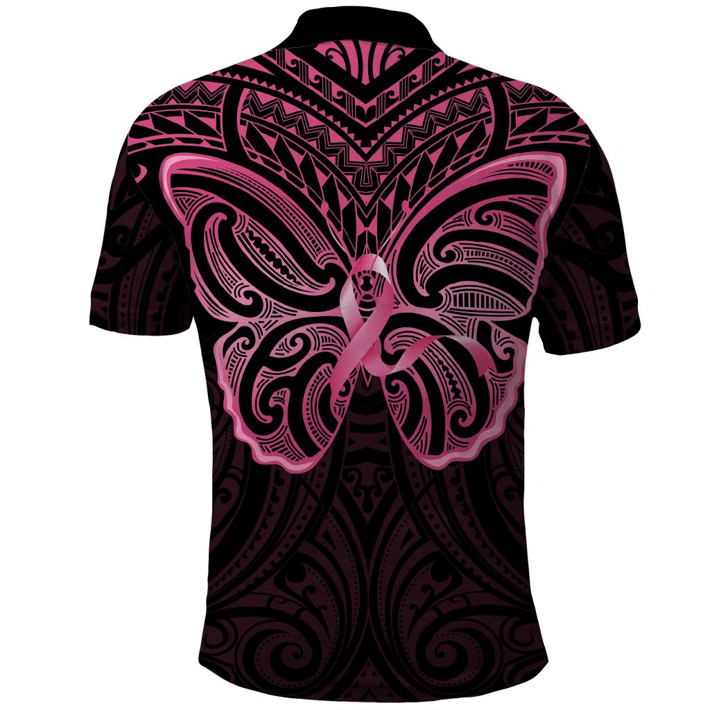 New Zealand Breast Cancer Awareness Polo Shirt Maori Butterfly Pink Ribbon Black Version - Polynesian Pride