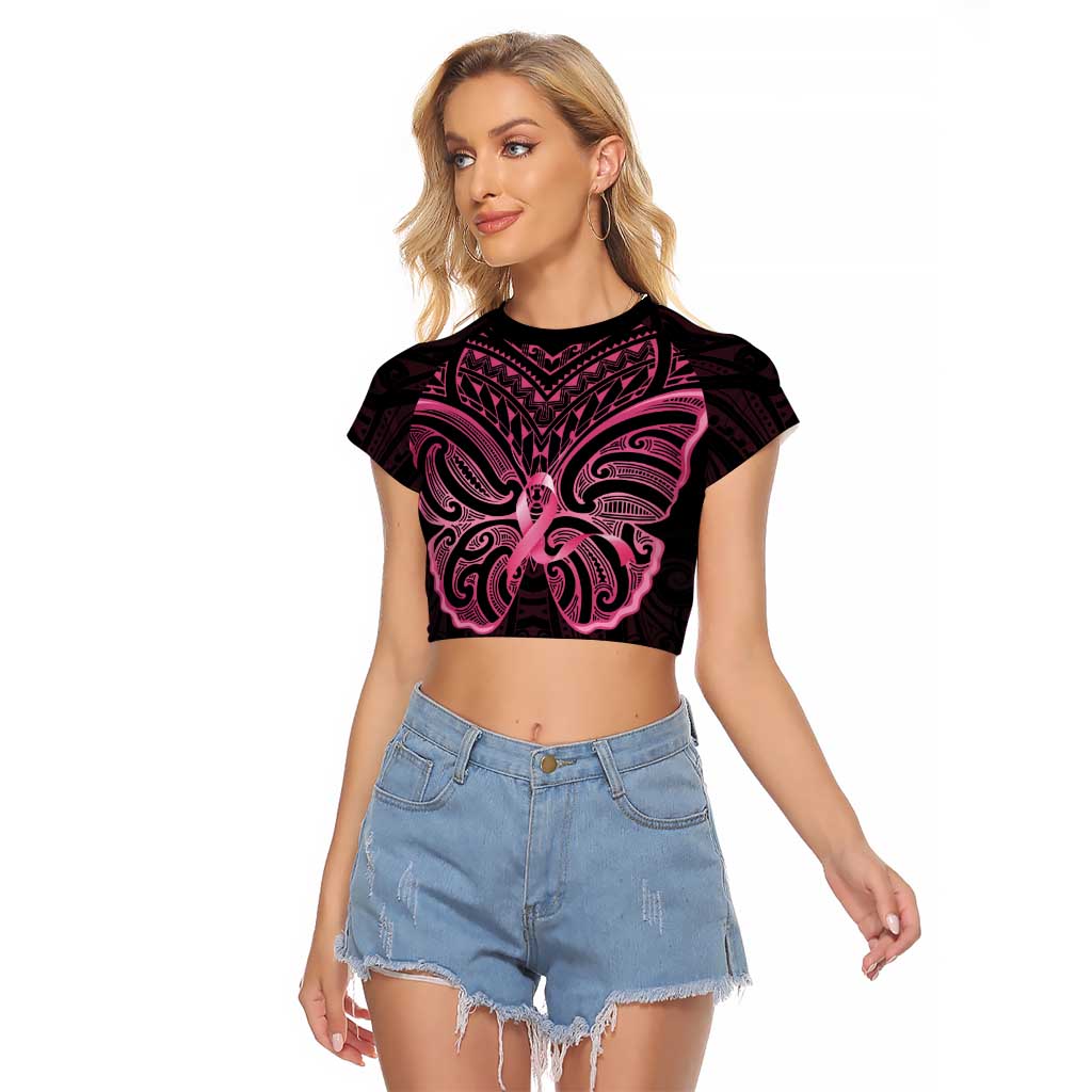 New Zealand Breast Cancer Awareness Raglan Cropped T Shirt Maori Butterfly Pink Ribbon Black Version - Polynesian Pride