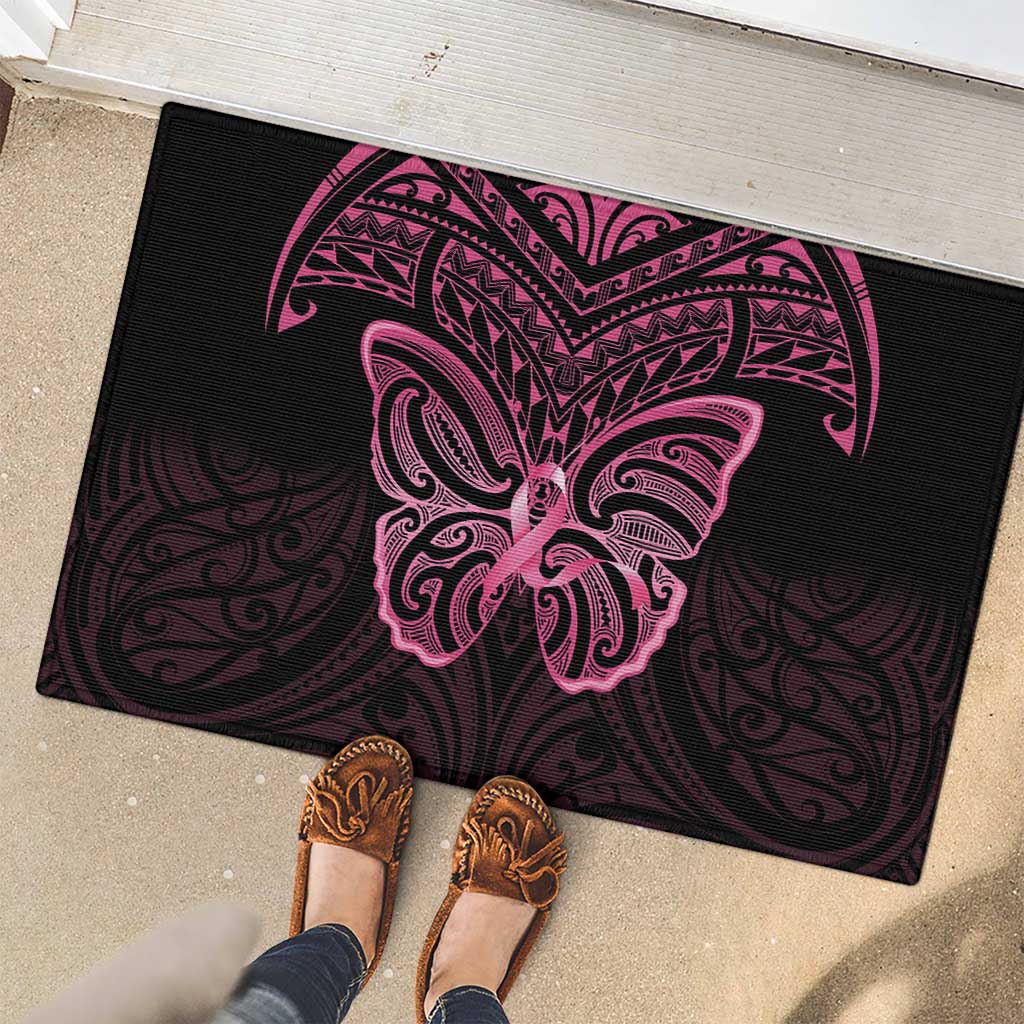 New Zealand Breast Cancer Awareness Rubber Doormat Maori Butterfly Pink Ribbon Black Version - Polynesian Pride
