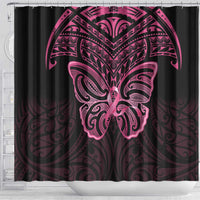 New Zealand Breast Cancer Awareness Shower Curtain Maori Butterfly Pink Ribbon Black Version - Polynesian Pride