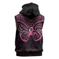 New Zealand Breast Cancer Awareness Sleeveless Hoodie Maori Butterfly Pink Ribbon Black Version - Polynesian Pride