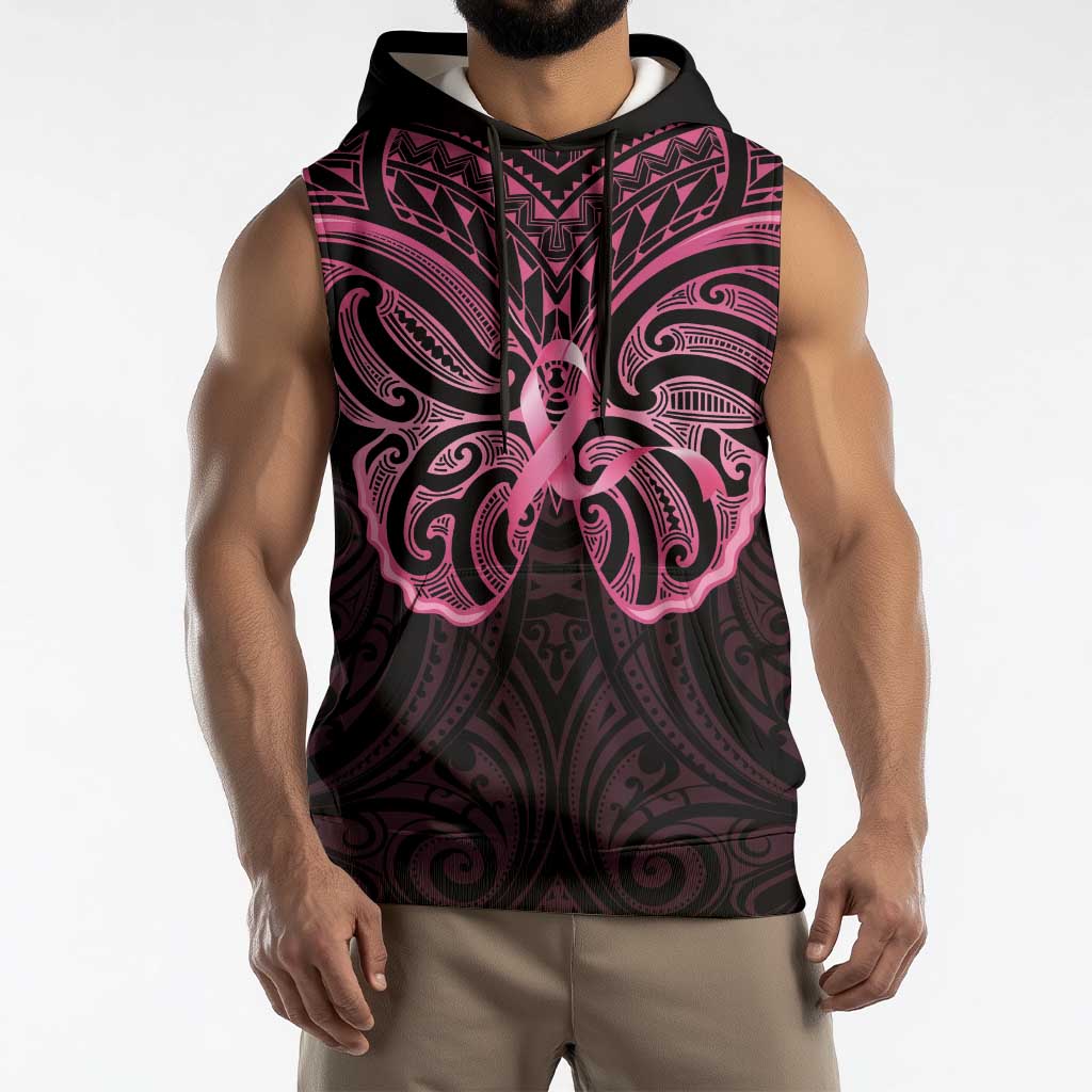 New Zealand Breast Cancer Awareness Sleeveless Hoodie Maori Butterfly Pink Ribbon Black Version - Polynesian Pride