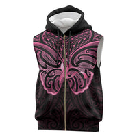 New Zealand Breast Cancer Awareness Sleeveless Zip Hoodie Maori Butterfly Pink Ribbon Black Version - Polynesian Pride