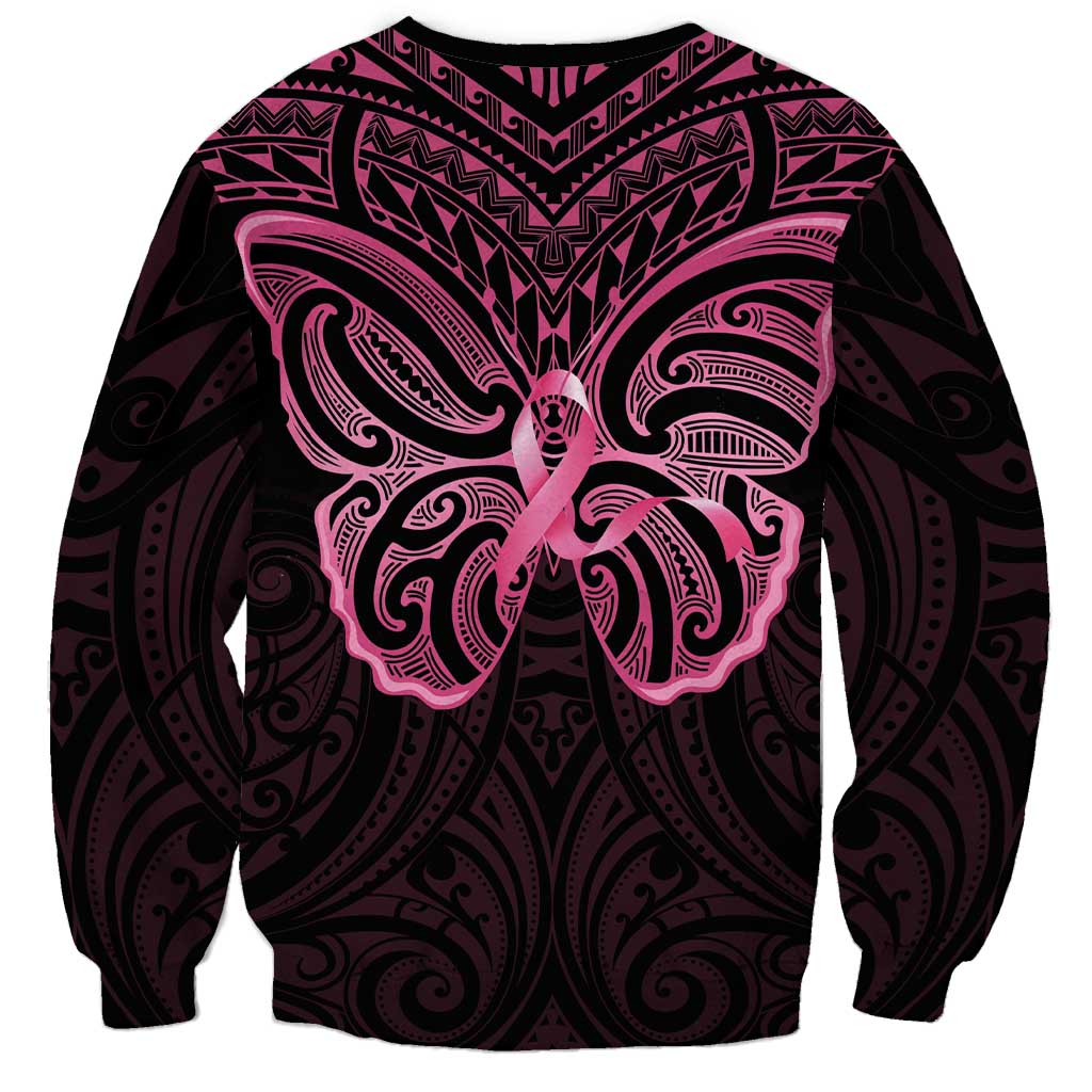 New Zealand Breast Cancer Awareness Sweatshirt Maori Butterfly Pink Ribbon Black Version - Polynesian Pride