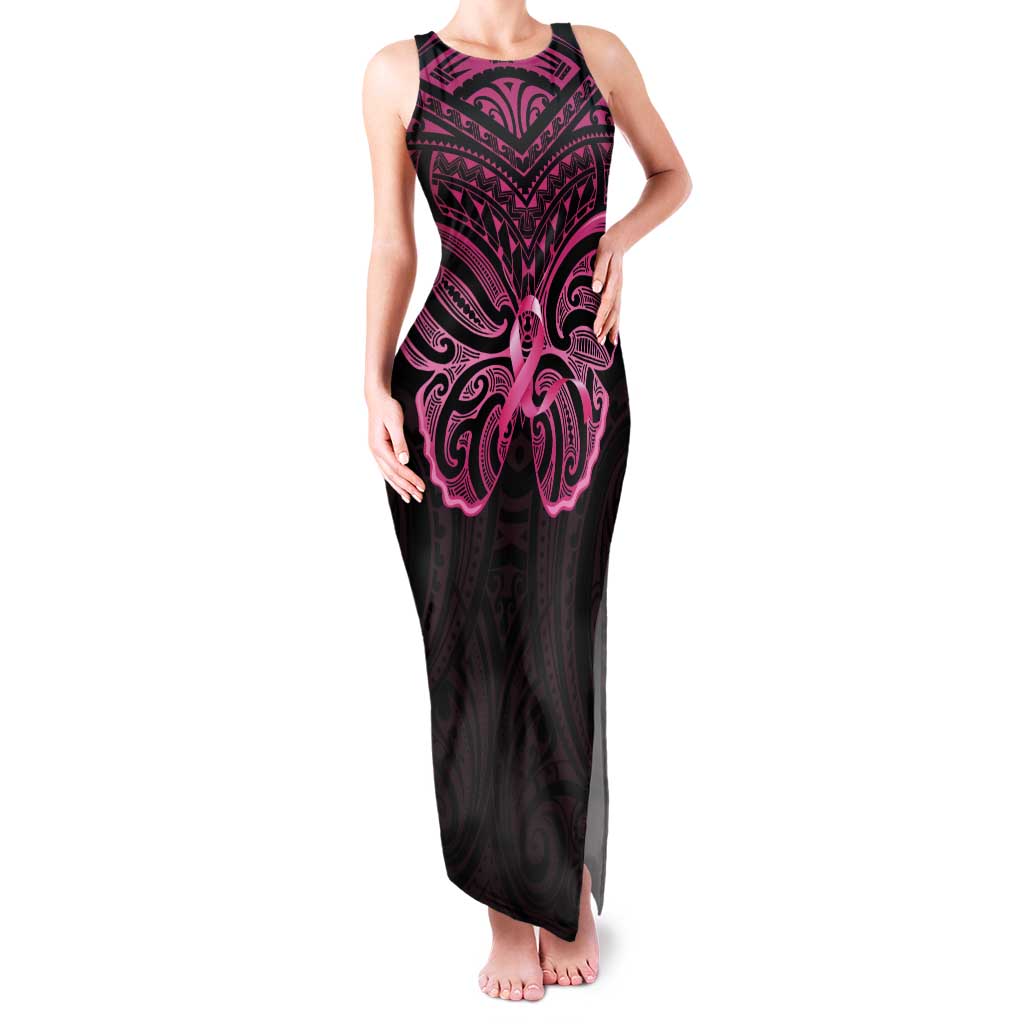 New Zealand Breast Cancer Awareness Tank Maxi Dress Maori Butterfly Pink Ribbon Black Version - Polynesian Pride