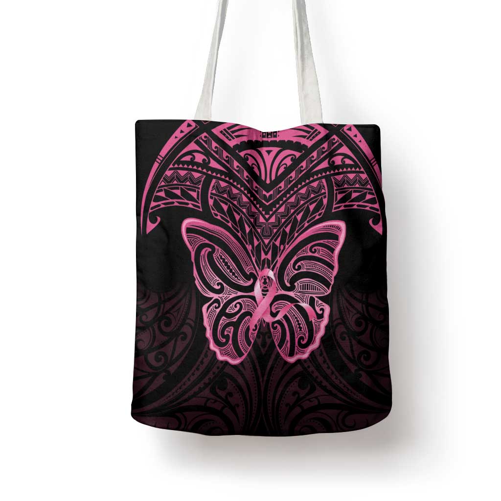 New Zealand Breast Cancer Awareness Tote Bag Maori Butterfly Pink Ribbon Black Version - Polynesian Pride