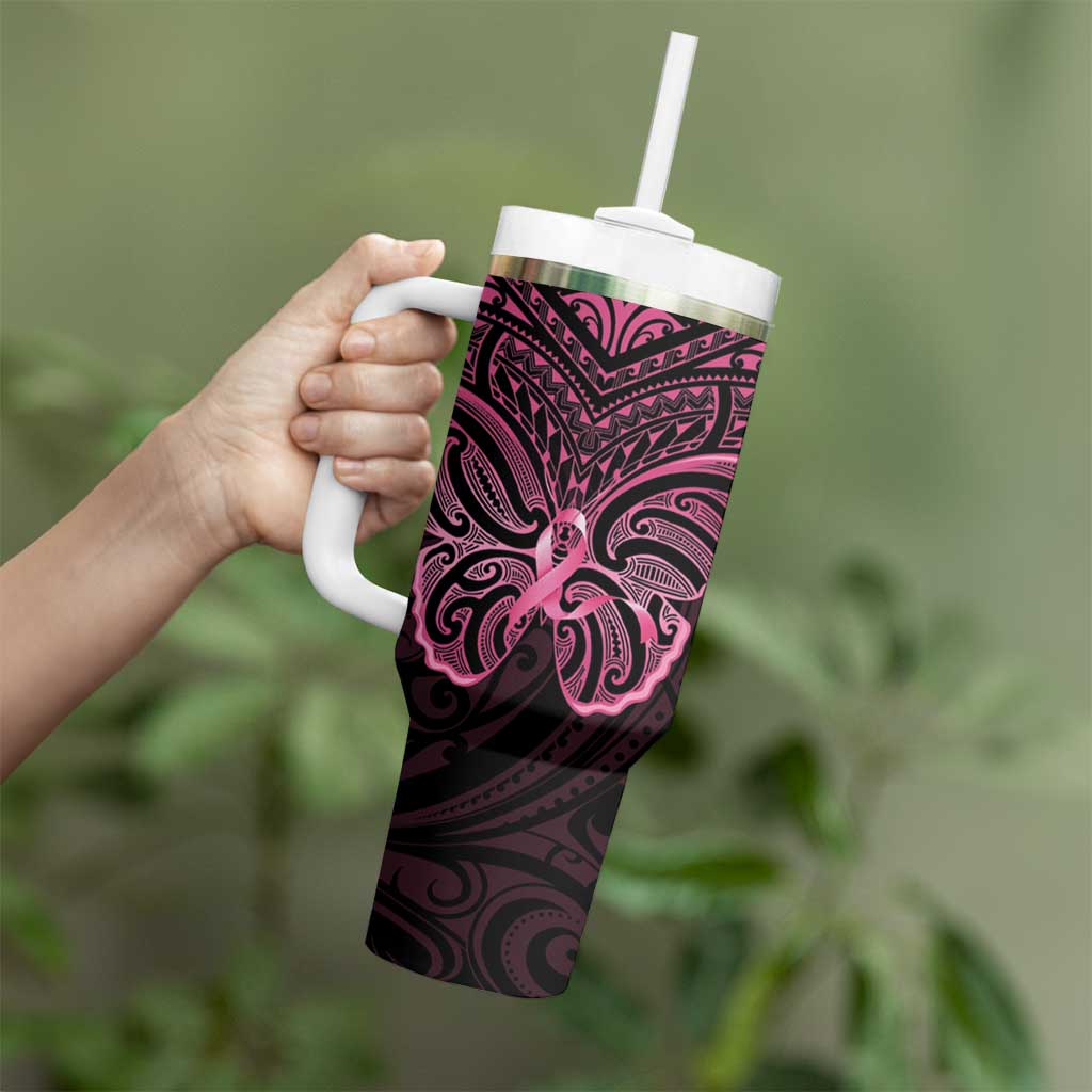 New Zealand Breast Cancer Awareness Tumbler With Handle Maori Butterfly Pink Ribbon Black Version - Polynesian Pride