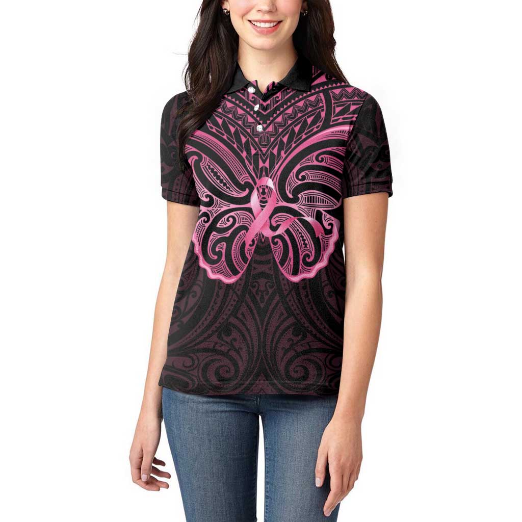 New Zealand Breast Cancer Awareness Women Polo Shirt Maori Butterfly Pink Ribbon Black Version - Polynesian Pride