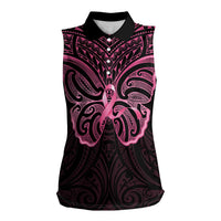 New Zealand Breast Cancer Awareness Women Sleeveless Polo Shirt Maori Butterfly Pink Ribbon Black Version - Polynesian Pride