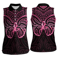 New Zealand Breast Cancer Awareness Women Sleeveless Polo Shirt Maori Butterfly Pink Ribbon Black Version - Polynesian Pride