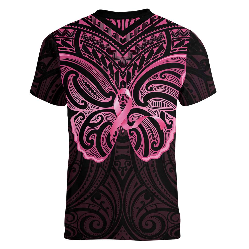 New Zealand Breast Cancer Awareness Women V-Neck T-Shirt Maori Butterfly Pink Ribbon Black Version - Polynesian Pride