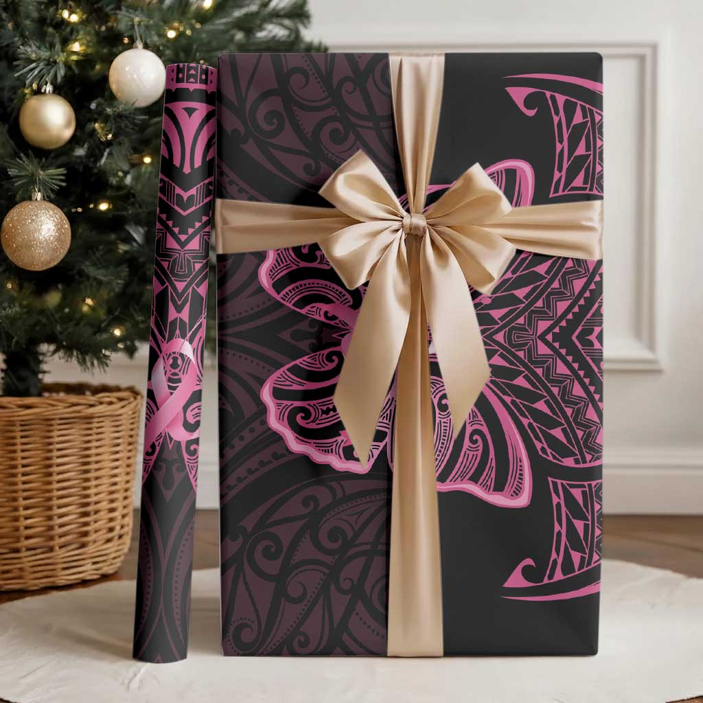New Zealand Breast Cancer Awareness Wrapping Paper Maori Butterfly Pink Ribbon Black Version - Polynesian Pride
