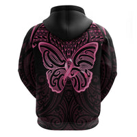 New Zealand Breast Cancer Awareness Zip Hoodie Maori Butterfly Pink Ribbon Black Version - Polynesian Pride