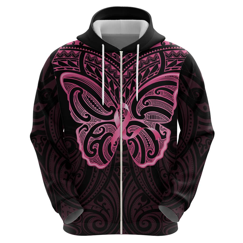 New Zealand Breast Cancer Awareness Zip Hoodie Maori Butterfly Pink Ribbon Black Version - Polynesian Pride