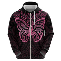 New Zealand Breast Cancer Awareness Zip Hoodie Maori Butterfly Pink Ribbon Black Version - Polynesian Pride