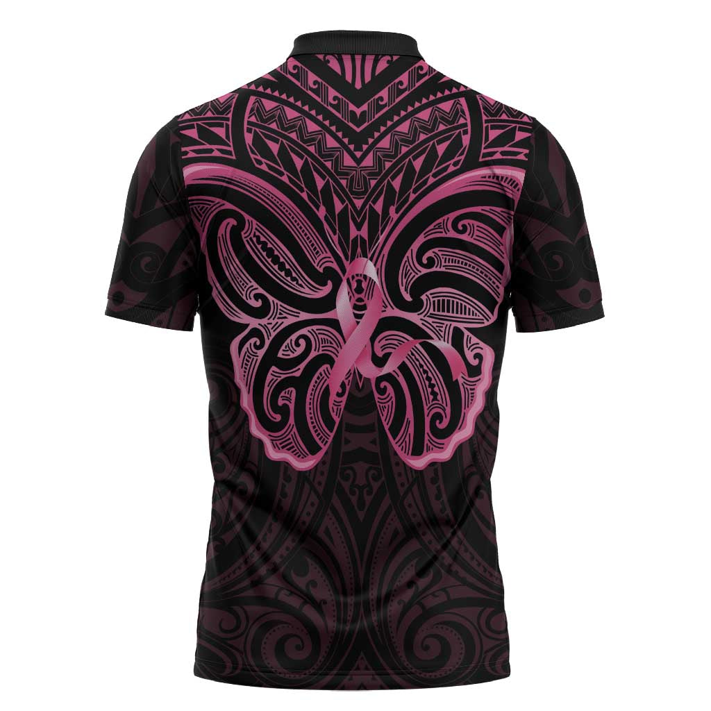New Zealand Breast Cancer Awareness Zipper Polo Shirt Maori Butterfly Pink Ribbon Black Version - Polynesian Pride