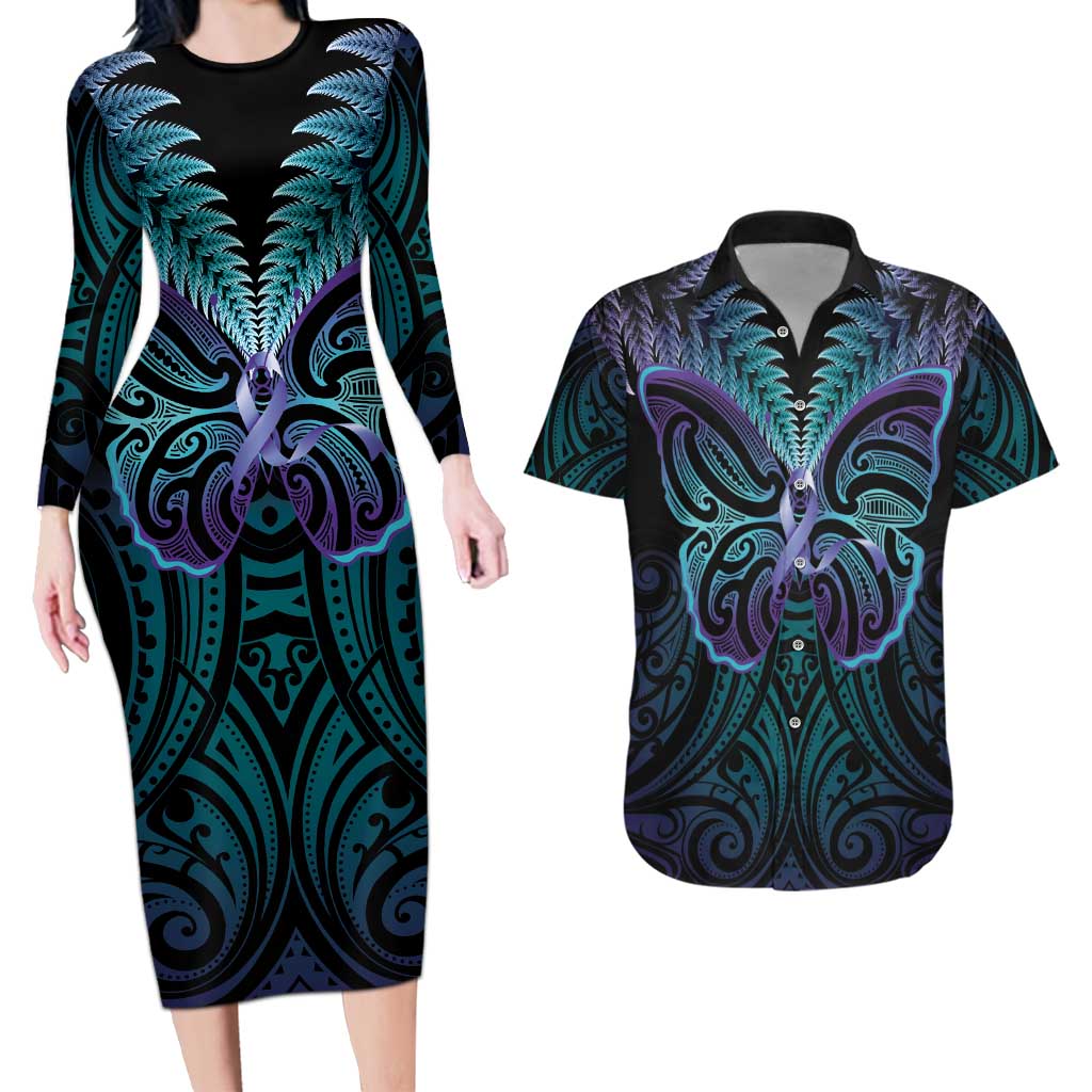 Suicide Prevention New Zealand Couples Matching Long Sleeve Bodycon Dress and Hawaiian Shirt Aotearoa Maori Butterfly Mix Silver Fern - Polynesian Pride