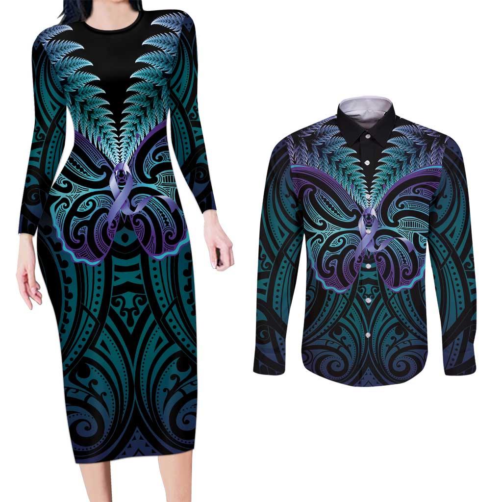 Suicide Prevention New Zealand Couples Matching Long Sleeve Bodycon Dress and Long Sleeve Button Shirt Aotearoa Maori Butterfly Mix Silver Fern - Polynesian Pride