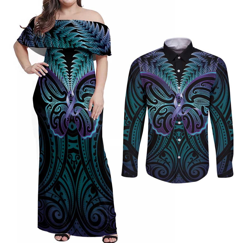 Suicide Prevention New Zealand Couples Matching Off Shoulder Maxi Dress and Long Sleeve Button Shirt Aotearoa Maori Butterfly Mix Silver Fern - Polynesian Pride