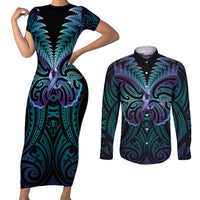 Suicide Prevention New Zealand Couples Matching Short Sleeve Bodycon Dress and Long Sleeve Button Shirt Aotearoa Maori Butterfly Mix Silver Fern - Polynesian Pride