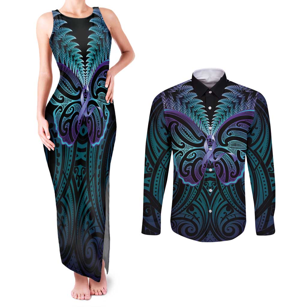 Suicide Prevention New Zealand Couples Matching Tank Maxi Dress and Long Sleeve Button Shirt Aotearoa Maori Butterfly Mix Silver Fern - Polynesian Pride