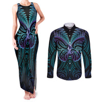 Suicide Prevention New Zealand Couples Matching Tank Maxi Dress and Long Sleeve Button Shirt Aotearoa Maori Butterfly Mix Silver Fern - Polynesian Pride