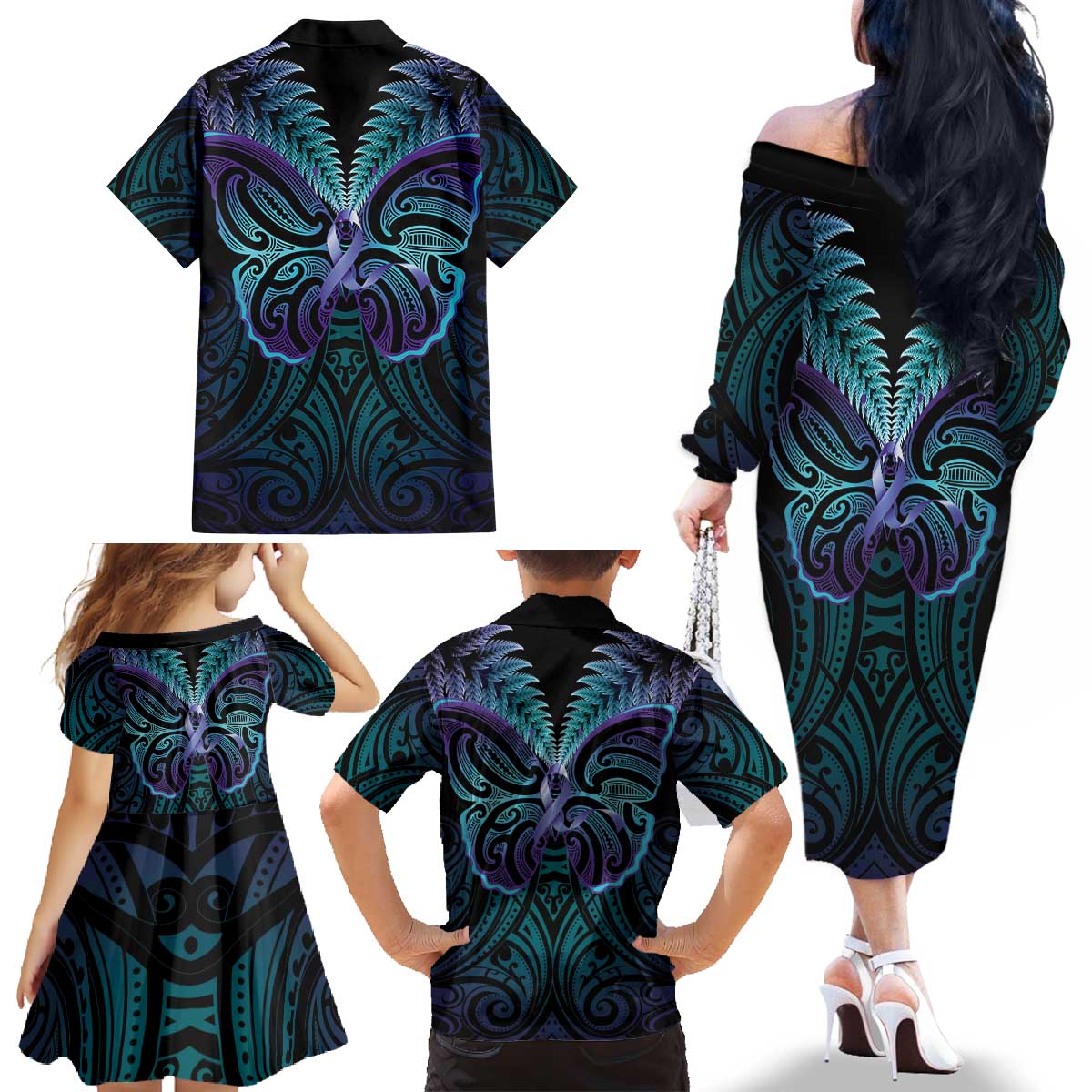 Suicide Prevention New Zealand Family Matching Off The Shoulder Long Sleeve Dress and Hawaiian Shirt Aotearoa Maori Butterfly Mix Silver Fern - Polynesian Pride
