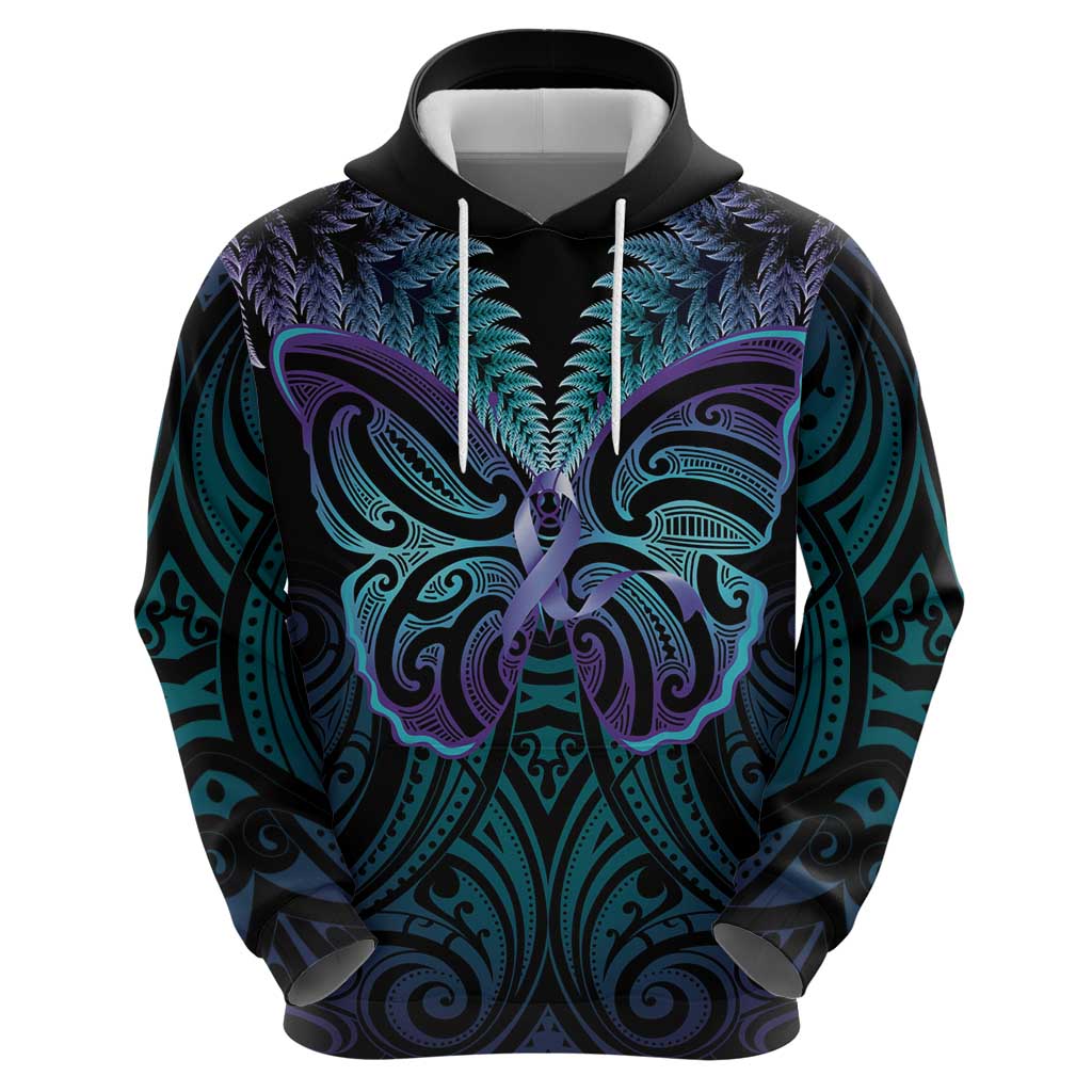 Suicide Prevention New Zealand Hoodie Aotearoa Maori Butterfly Mix Silver Fern - Polynesian Pride