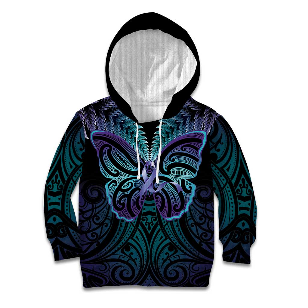 Suicide Prevention New Zealand Kid Hoodie Aotearoa Maori Butterfly Mix Silver Fern - Polynesian Pride