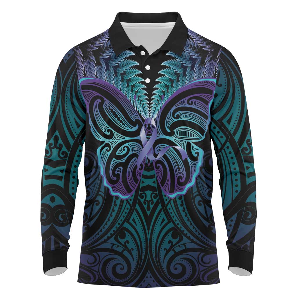 Suicide Prevention New Zealand Long Sleeve Polo Shirt Aotearoa Maori Butterfly Mix Silver Fern - Polynesian Pride