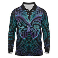 Suicide Prevention New Zealand Long Sleeve Polo Shirt Aotearoa Maori Butterfly Mix Silver Fern - Polynesian Pride