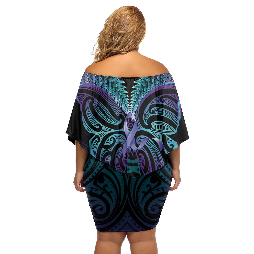 Suicide Prevention New Zealand Off Shoulder Short Dress Aotearoa Maori Butterfly Mix Silver Fern - Polynesian Pride