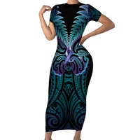 Suicide Prevention New Zealand Short Sleeve Bodycon Dress Aotearoa Maori Butterfly Mix Silver Fern - Polynesian Pride