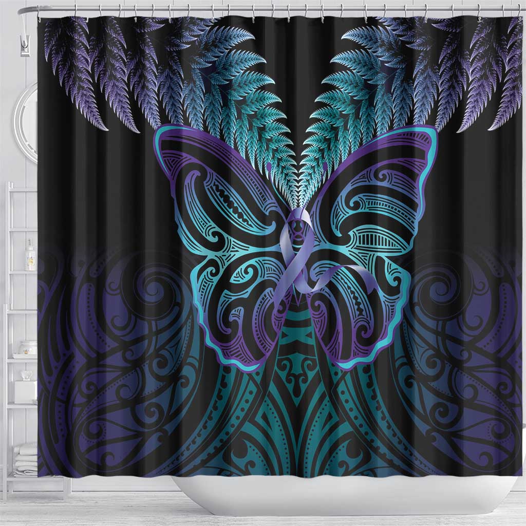 Suicide Prevention New Zealand Shower Curtain Aotearoa Maori Butterfly Mix Silver Fern - Polynesian Pride