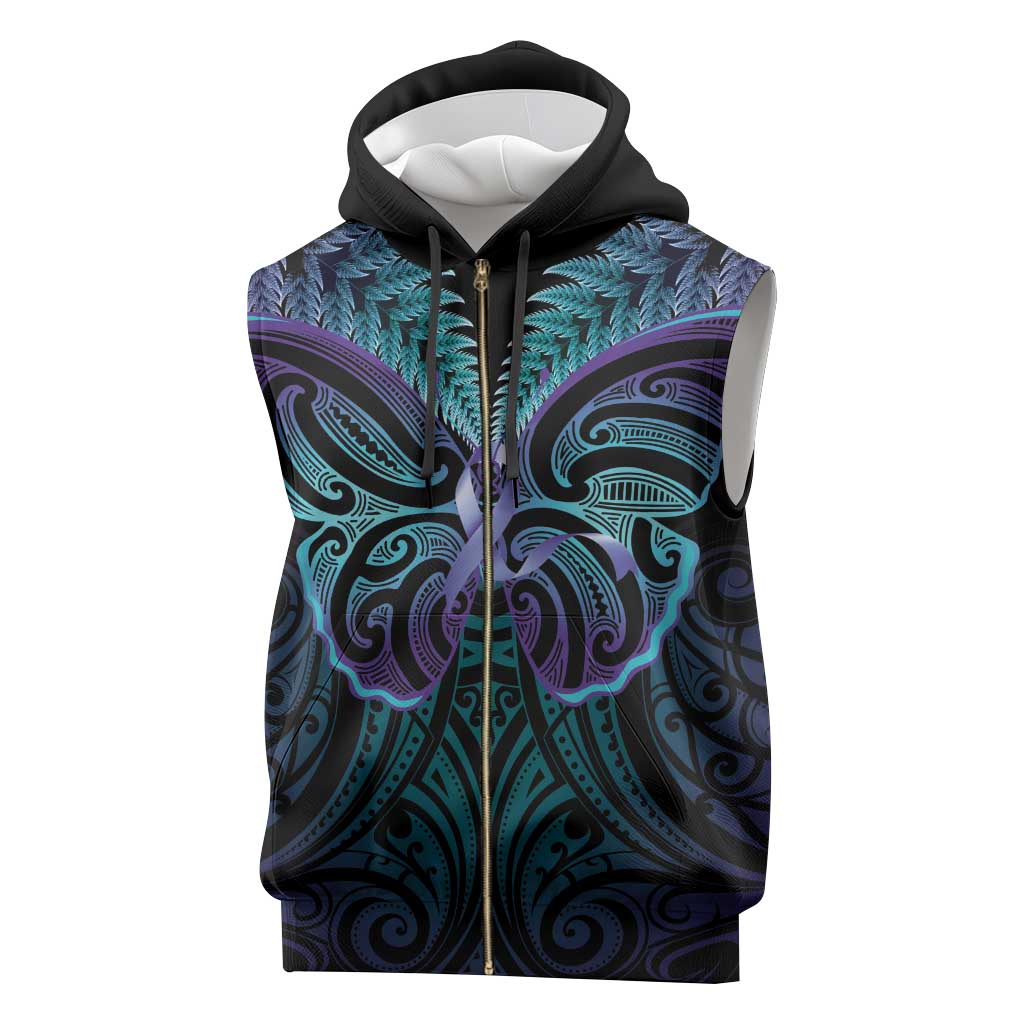 Suicide Prevention New Zealand Sleeveless Zip Hoodie Aotearoa Maori Butterfly Mix Silver Fern - Polynesian Pride