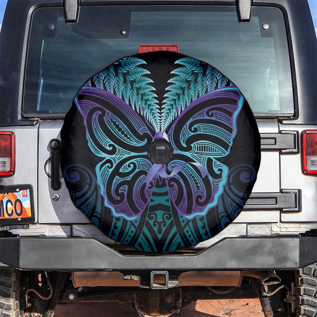 Suicide Prevention New Zealand Spare Tire Cover Aotearoa Maori Butterfly Mix Silver Fern - Polynesian Pride