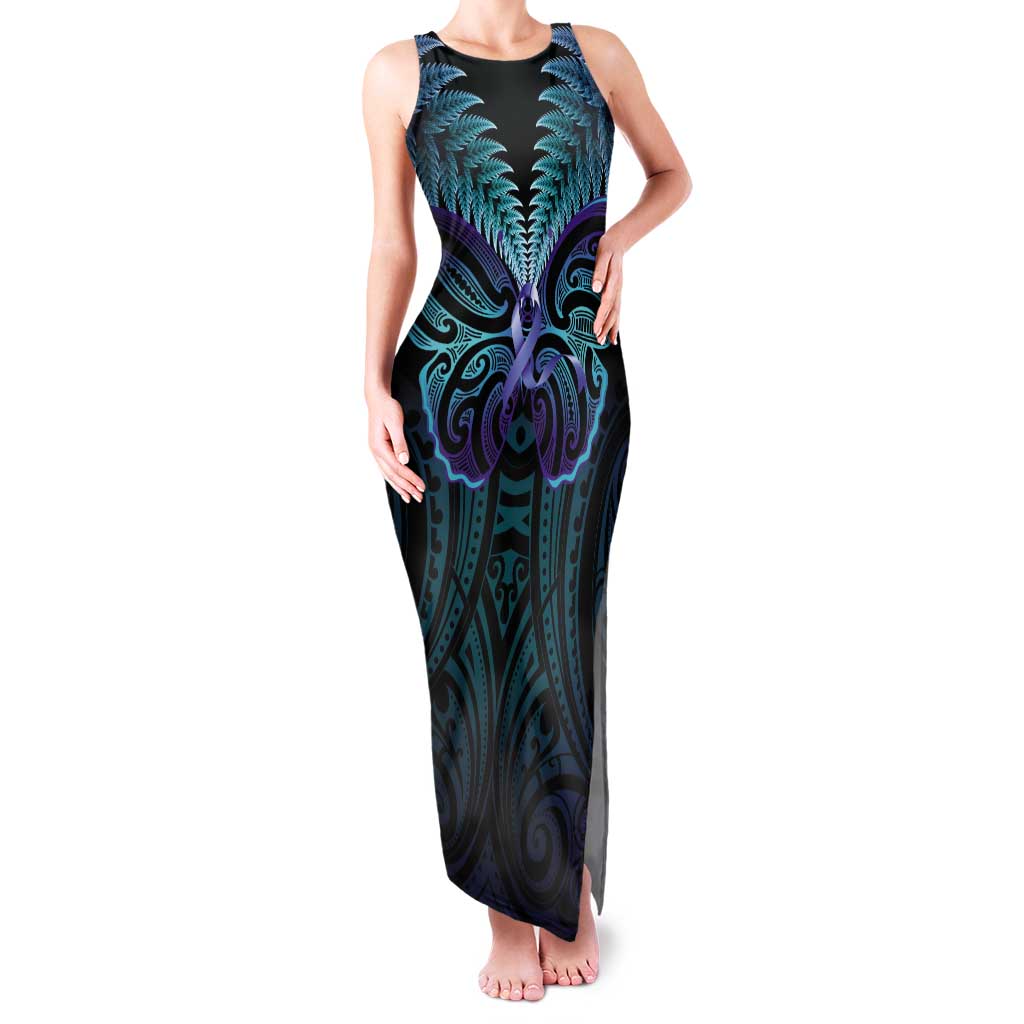 Suicide Prevention New Zealand Tank Maxi Dress Aotearoa Maori Butterfly Mix Silver Fern - Polynesian Pride