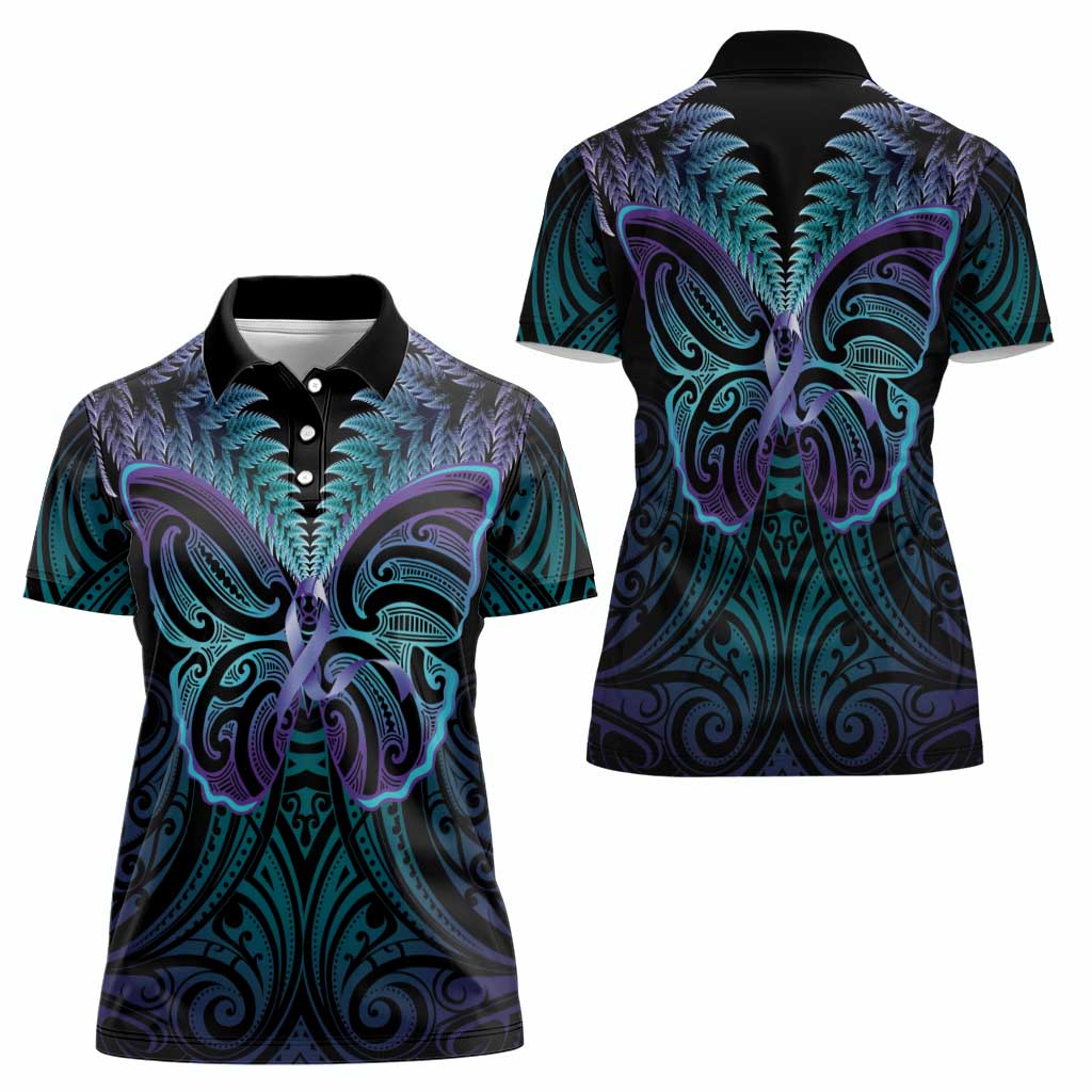 Suicide Prevention New Zealand Women Polo Shirt Aotearoa Maori Butterfly Mix Silver Fern - Polynesian Pride