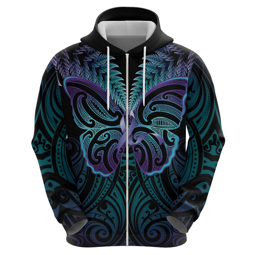 Suicide Prevention New Zealand Zip Hoodie Aotearoa Maori Butterfly Mix Silver Fern - Polynesian Pride