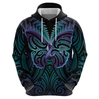 Suicide Prevention New Zealand Zip Hoodie Aotearoa Maori Butterfly Mix Silver Fern - Polynesian Pride