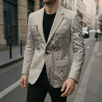 Beige Hawaii Blazer Hammerhead Shark Tattoo Curve Polynesian - Polynesian Pride