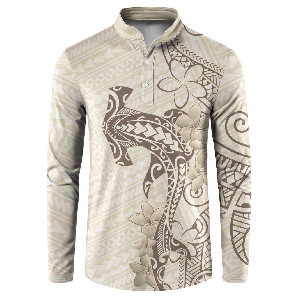 Beige Hawaii Button Sweatshirt Hammerhead Shark Tattoo Curve Polynesian LT14 Beige - Polynesian Pride