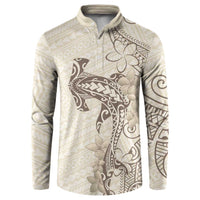 Beige Hawaii Button Sweatshirt Hammerhead Shark Tattoo Curve Polynesian LT14 Beige - Polynesian Pride