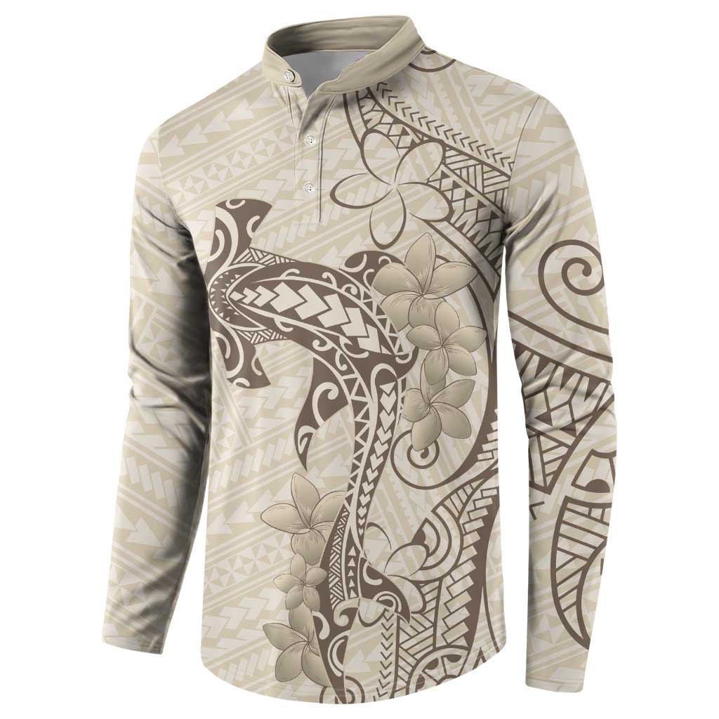 Beige Hawaii Button Sweatshirt Hammerhead Shark Tattoo Curve Polynesian LT14 - Polynesian Pride